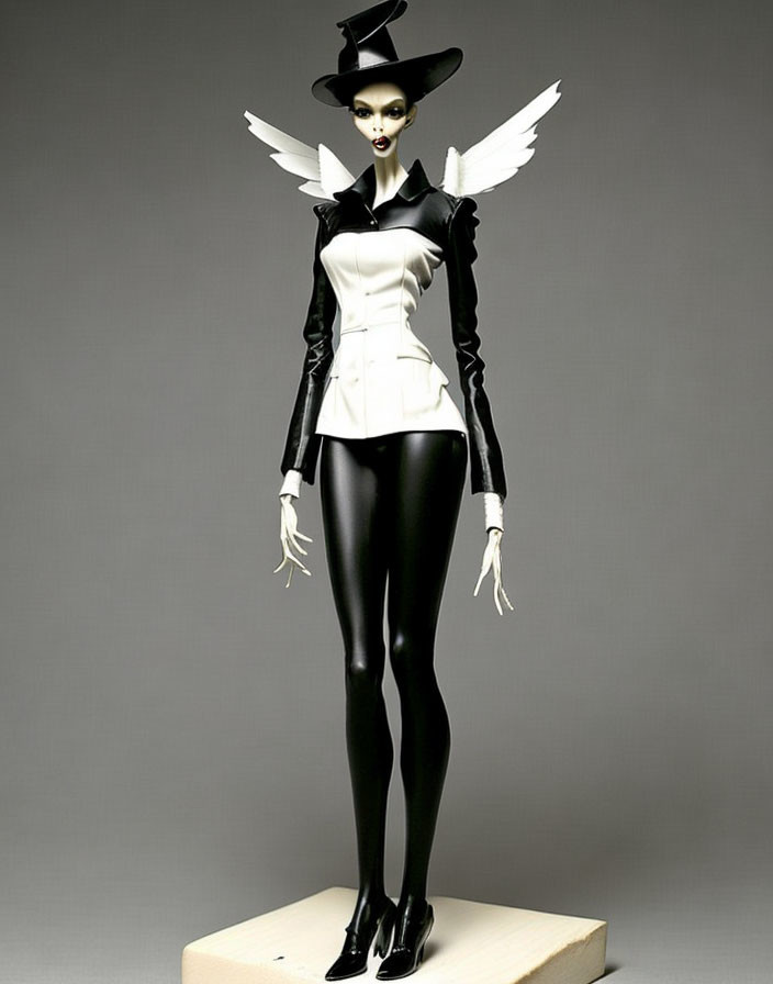 High-fashion mannequin in black and white outfit with exaggerated shoulders and avant-garde wing details