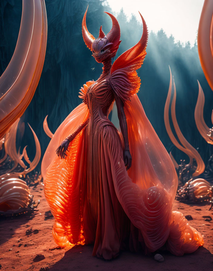 Orange Winged Figure in Mystical Forest with Swirling Shapes