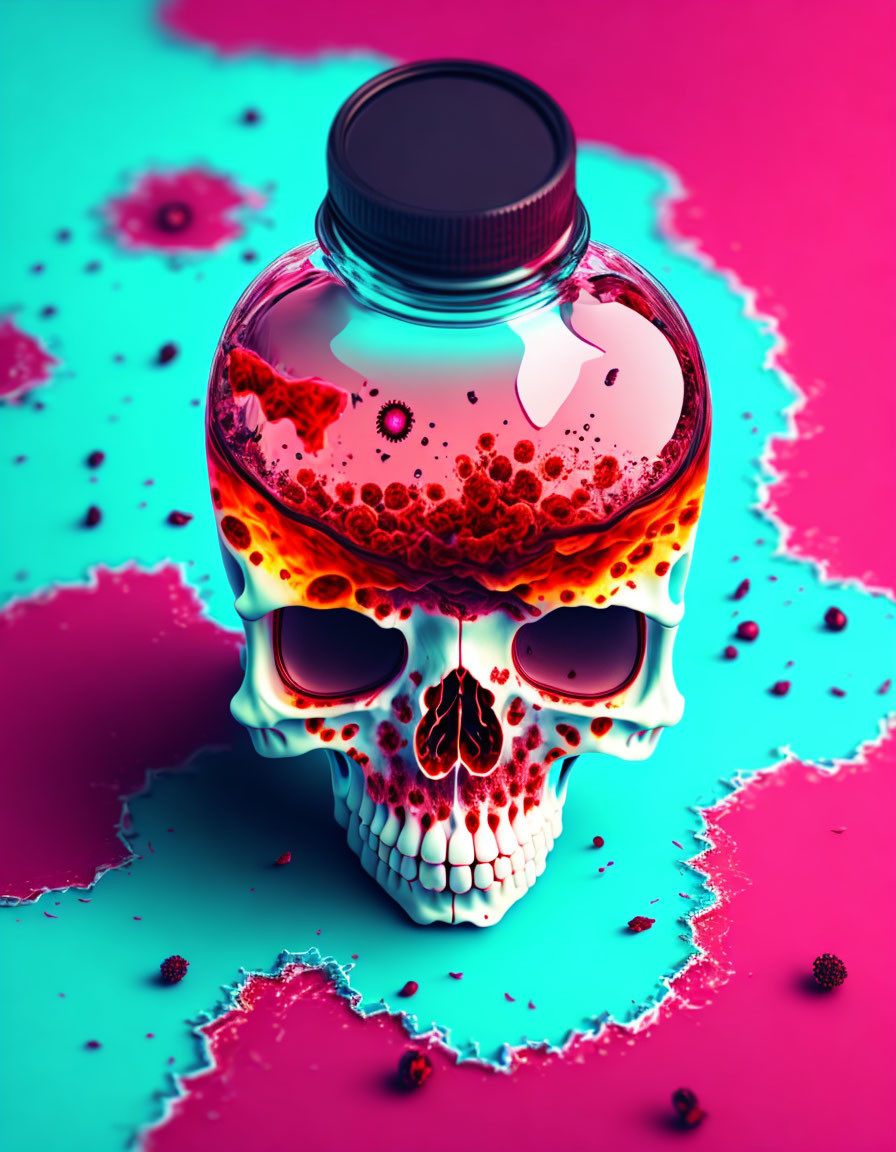 Skull-shaped bottle with red liquid on pink and teal splattered background