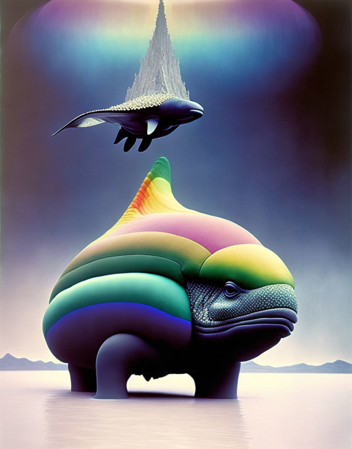 Vibrant surreal art: multicolored creature with whale-like body and flying dinosaur on gradient sky