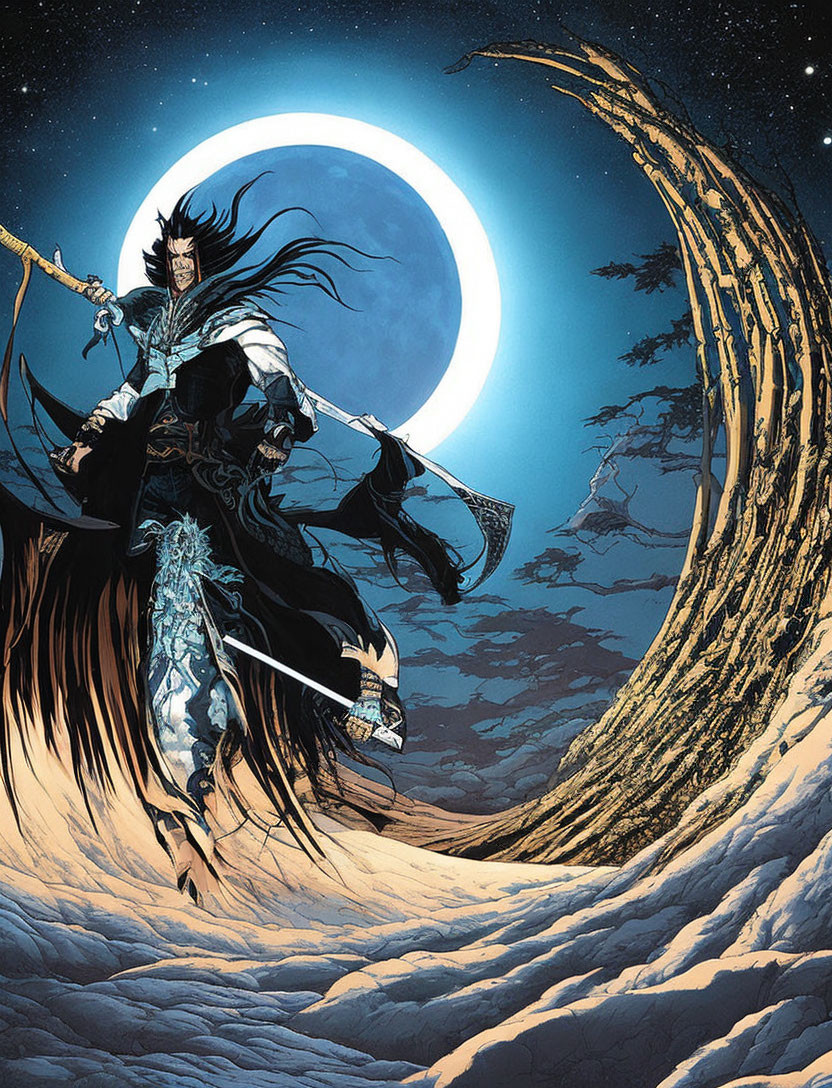 Stylized illustration of warrior with cape on snowy ridge under moon