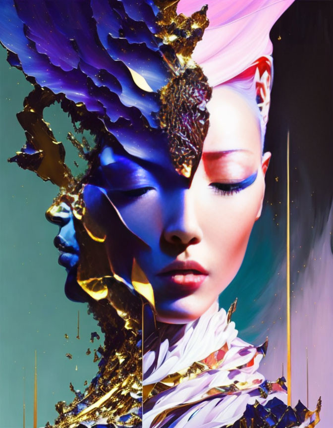 Colorful artistic depiction of female figure with golden and purple crown-like structure