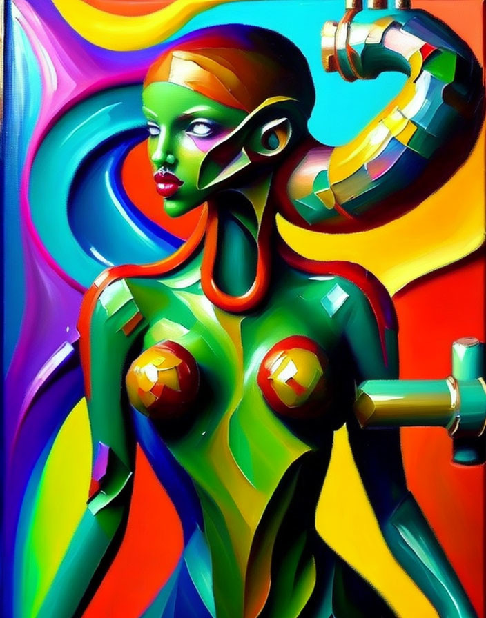 Colorful Stylized Female Figure with Green Skin on Swirling Rainbow Background