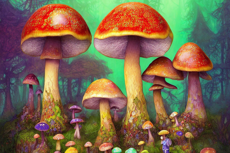 Vibrant red-capped mushrooms in mystical forest scene