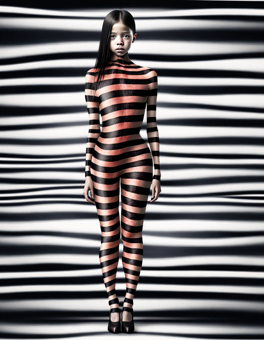 Girl blending with black stripes on body and outfit.