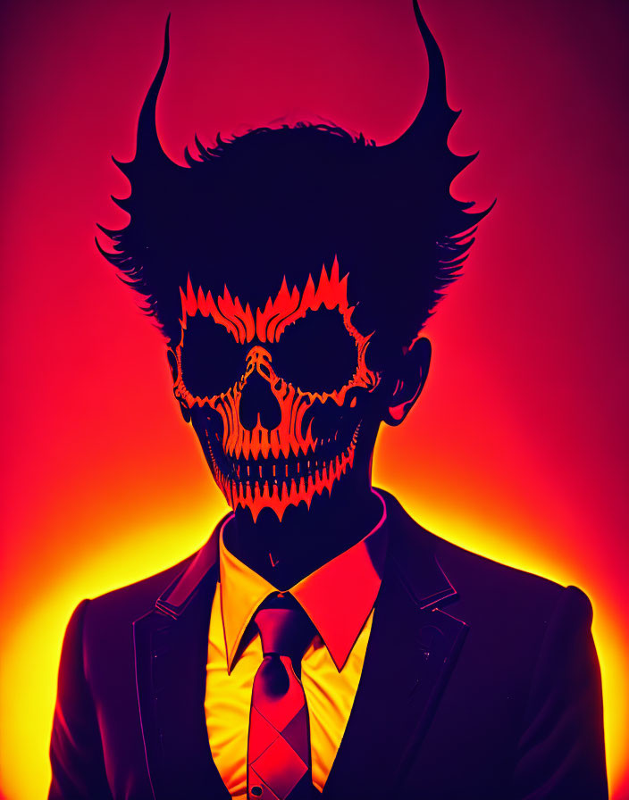 Skull-faced figure with horns in suit on red-orange background