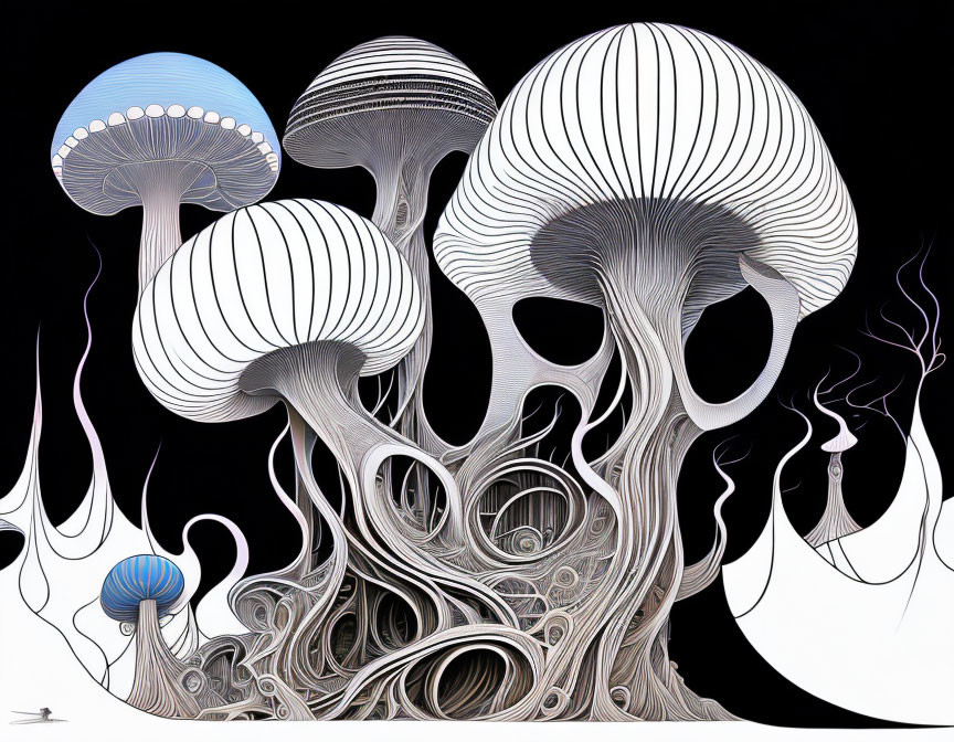 Detailed black and white mushroom illustration with swirls on dark background