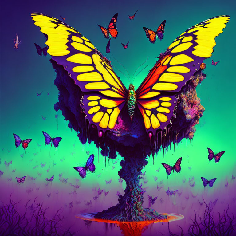 Colorful Butterfly Artwork on Purple Background with Tree Structure