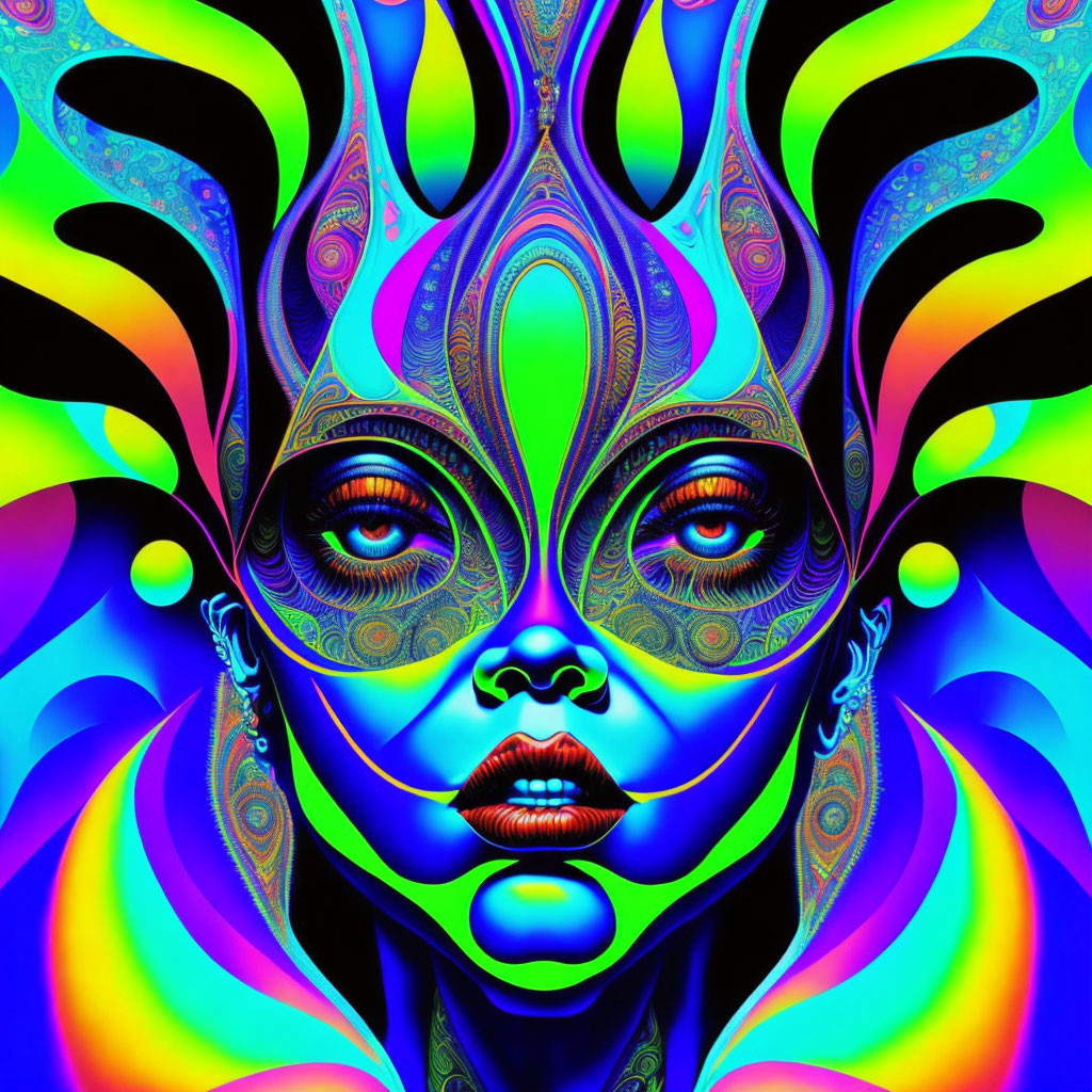 Symmetrical multi-colored face with intricate patterns