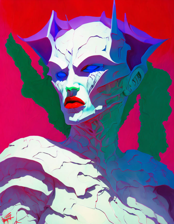 Character with Pale Skin and Dark Lips on Vibrant Red Background