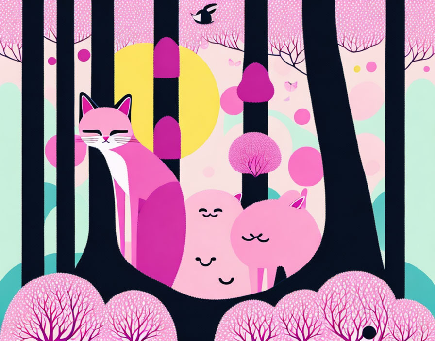 Whimsical pink and white cat in forest with bird, sleeping animal, pink foliage, and yellow