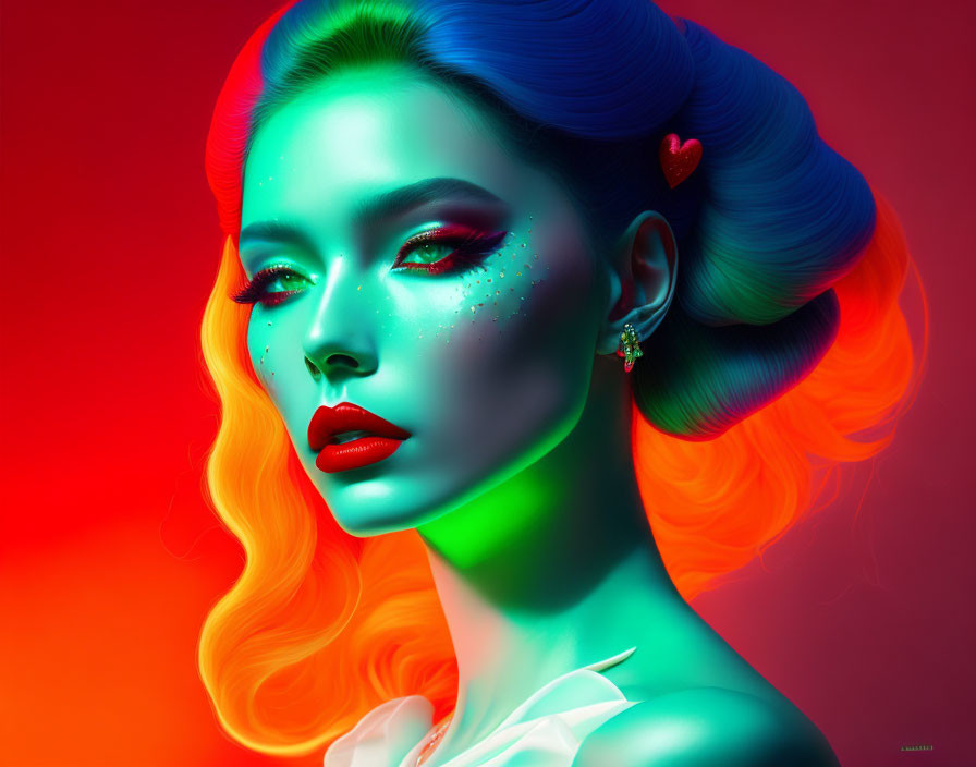 Colorful digital portrait of a woman with red and green lighting, blue hair, bold makeup, and