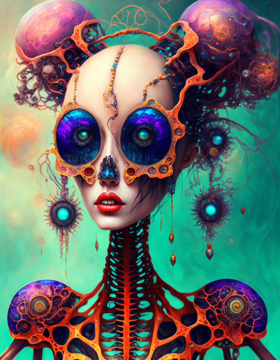 Surreal humanoid figure with oversized iridescent eyes and jellyfish-like appendages