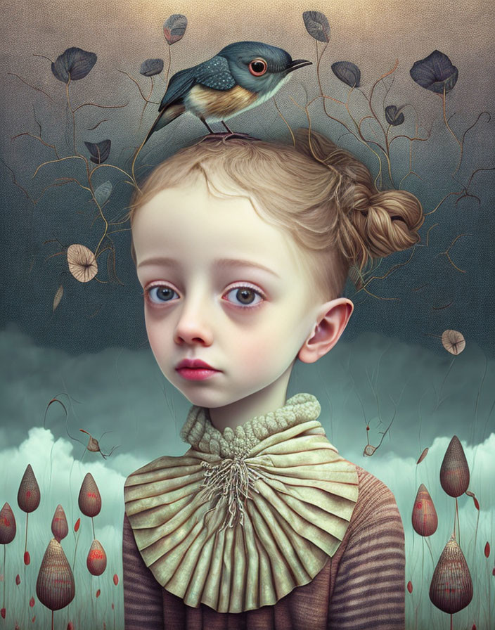 Surreal portrait of young girl with large eyes and bird on head against whimsical backdrop