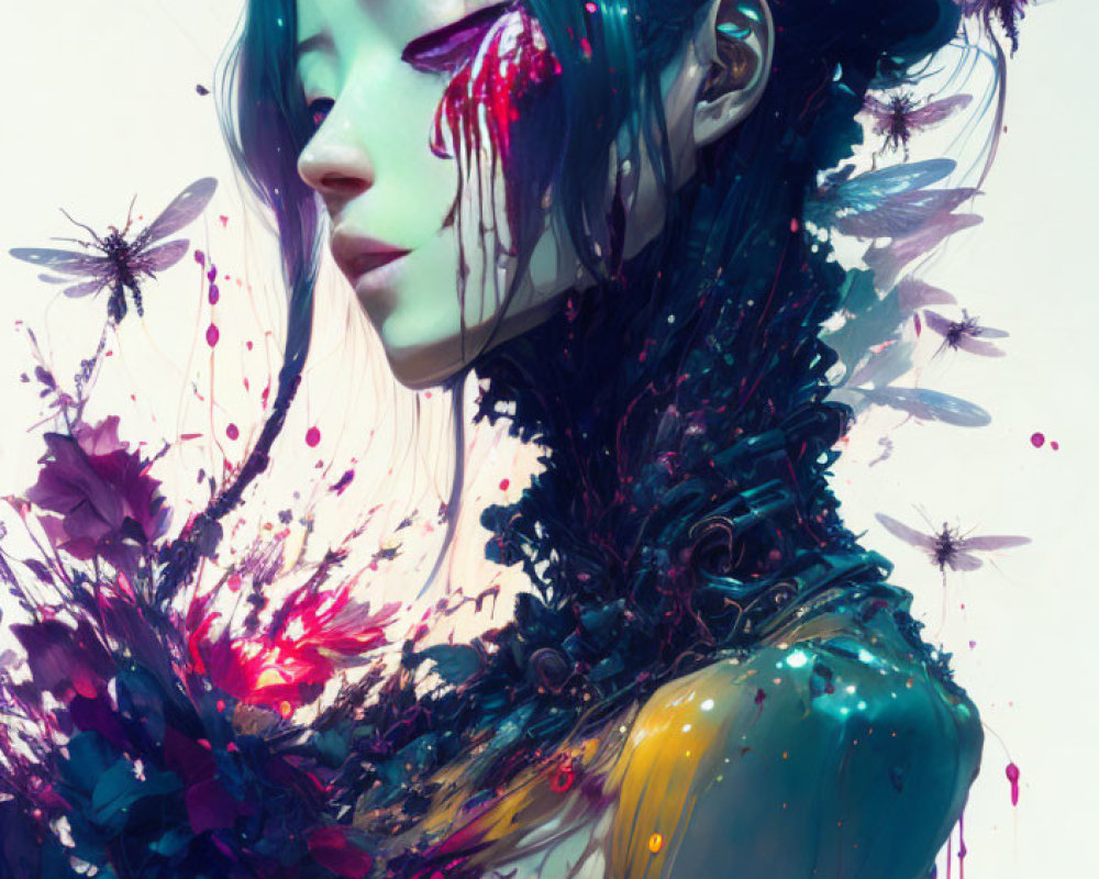 Vibrant digital artwork of woman with dragonflies in surreal setting