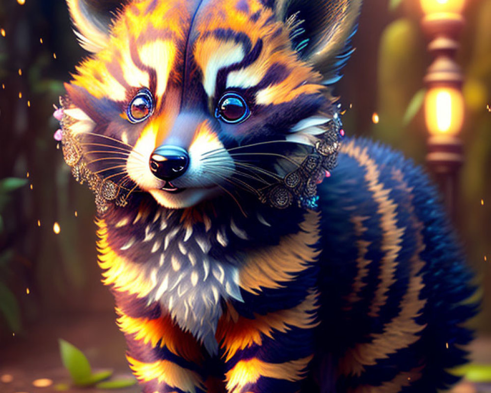 Whimsical tiger-raccoon creature in colorful, magical setting