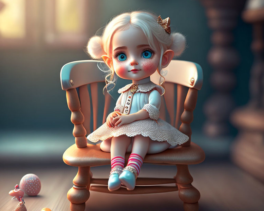 Blonde Doll-Like Girl with Blue Eyes in 3D Illustration