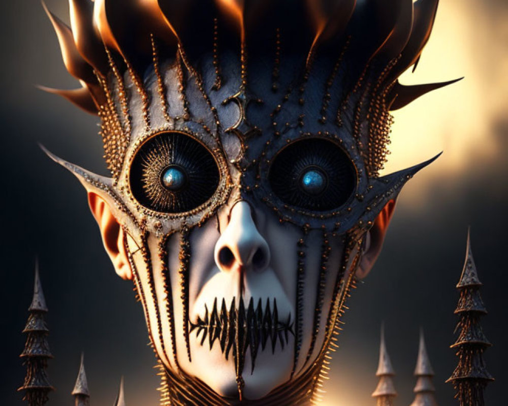 Menacing figure with spiky crown and blue eyes in detailed digital artwork