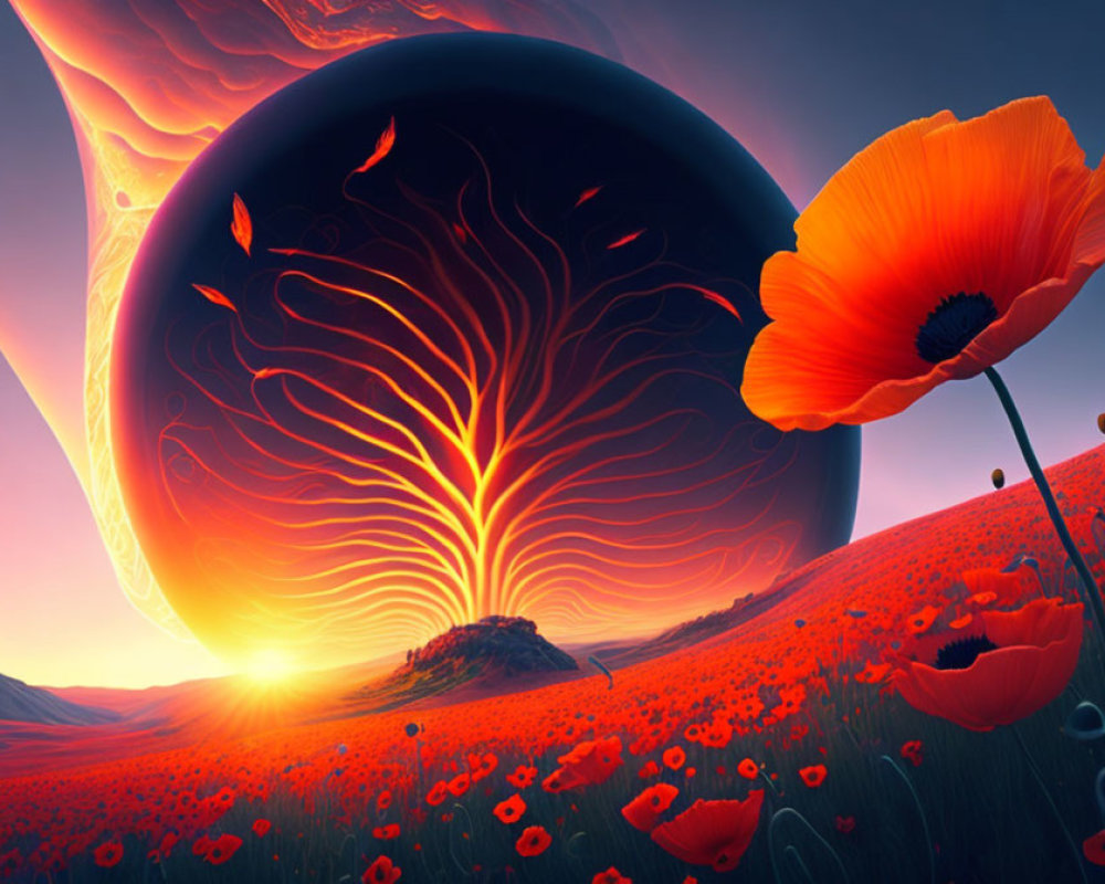 Surreal landscape with large tree, giant poppies, and planet with rings at sunset