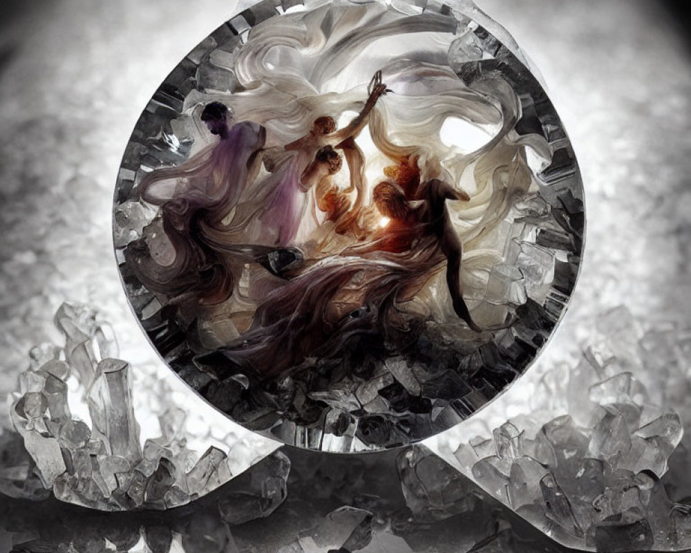 Circular Fantasy Art: Three Ethereal Figures Dancing in Smoke and Light