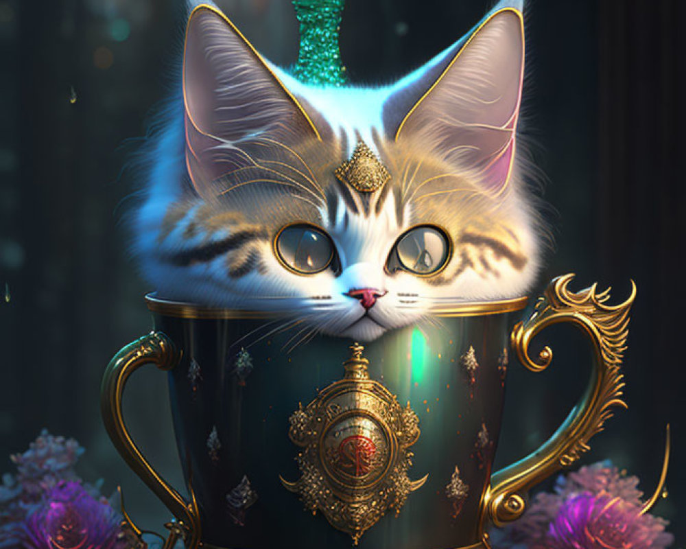 Fluffy white and brown cat in ornate teacup with magical elements