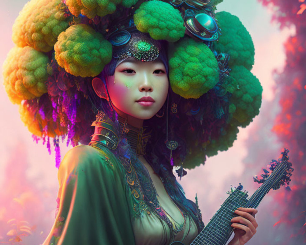 Surreal woman with tree-like headdress and guitar on colorful floral backdrop