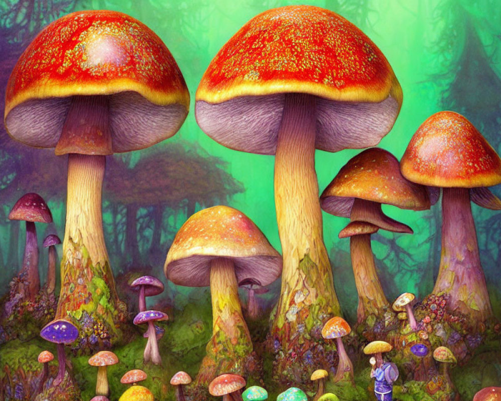 Vibrant red-capped mushrooms in mystical forest scene