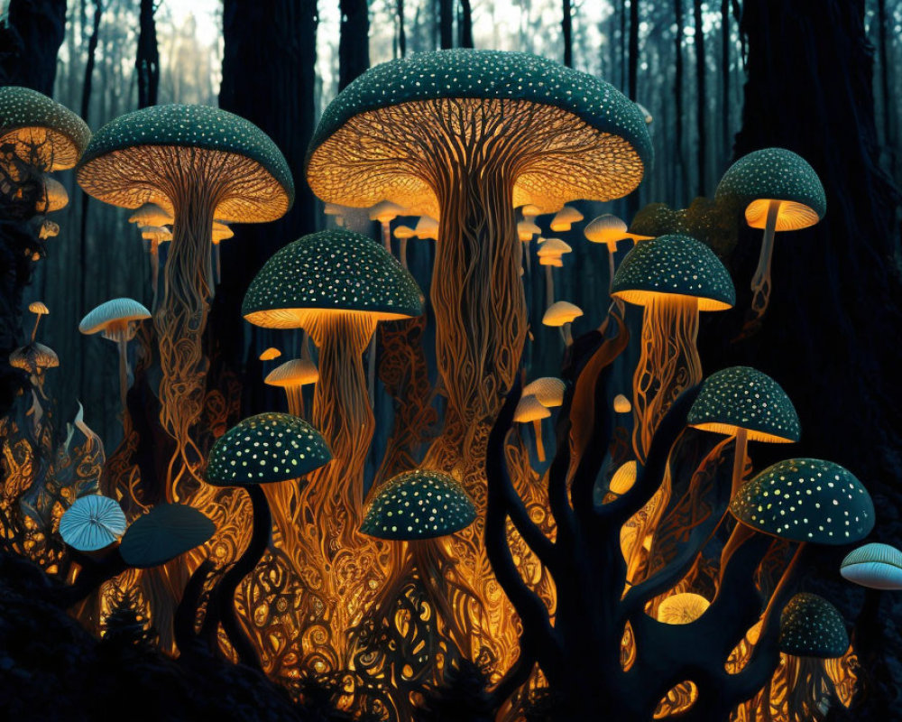 Enchanting forest scene with oversized glowing mushrooms