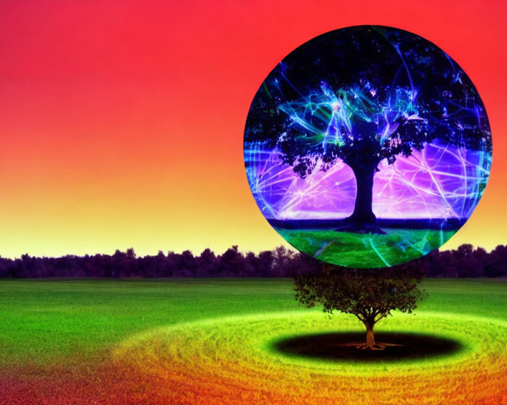 Surreal lone tree under gradient sky with cosmic tree overlay