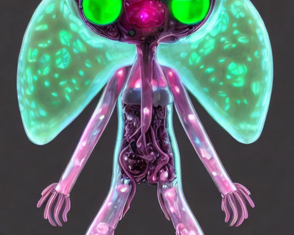 Translucent alien with green eyes and internal structures on dark background