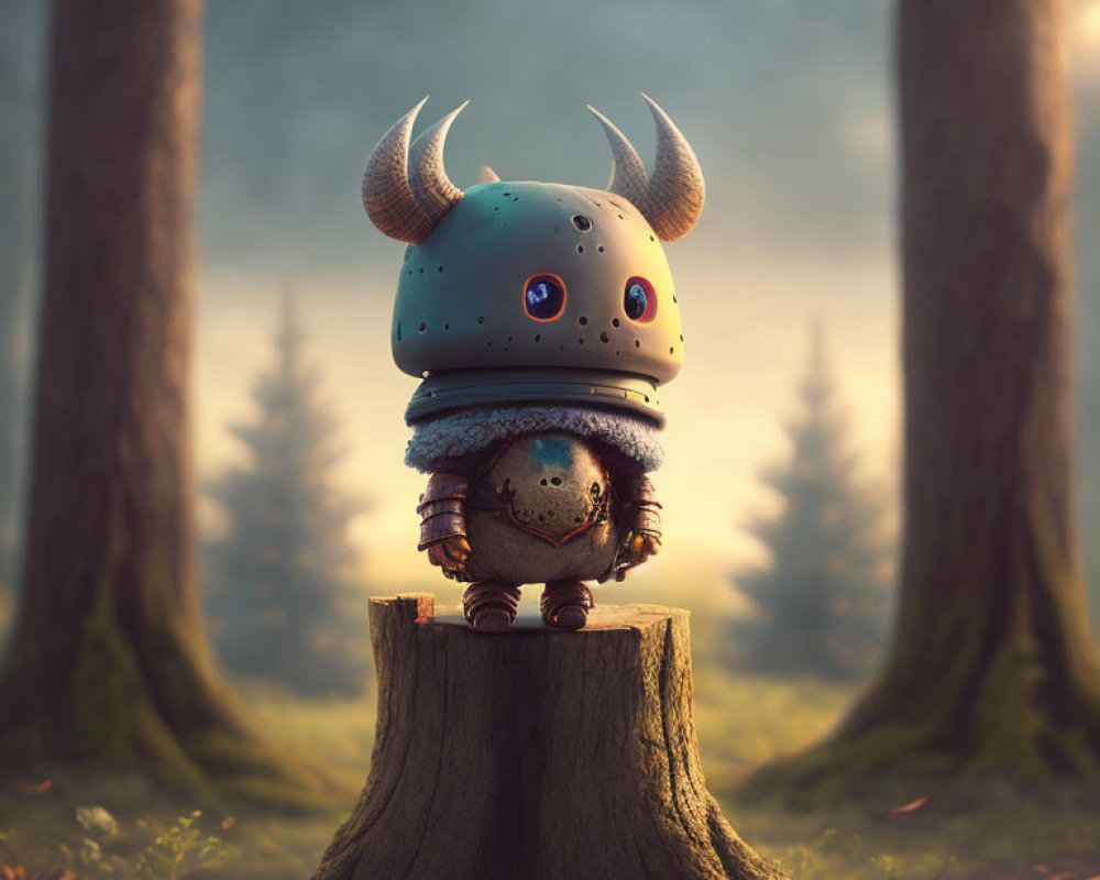 Whimsical small creature in Viking helmet on tree stump in enchanted forest