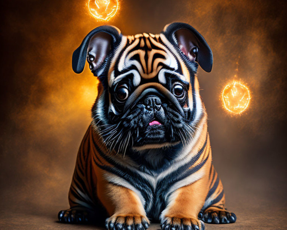 Pug painted with tiger stripes under heart-shaped lights