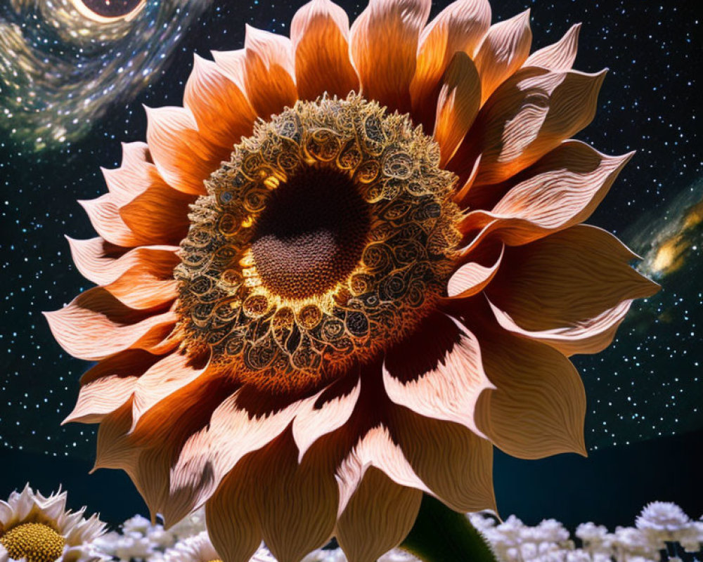 Detailed sunflower with cosmic backdrop of stars and galaxies