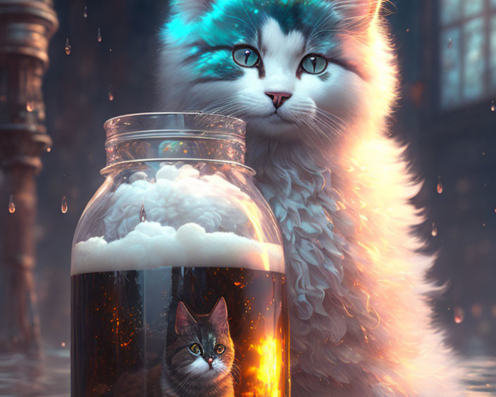 Blue-White Fluffy Cat with Smaller Cat in Glowing Jar Capturing Sky Piece