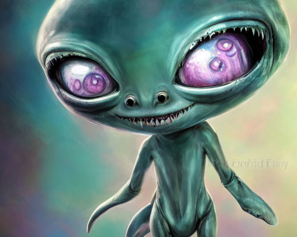 Colorful smiling alien illustration with large head and purple eyes