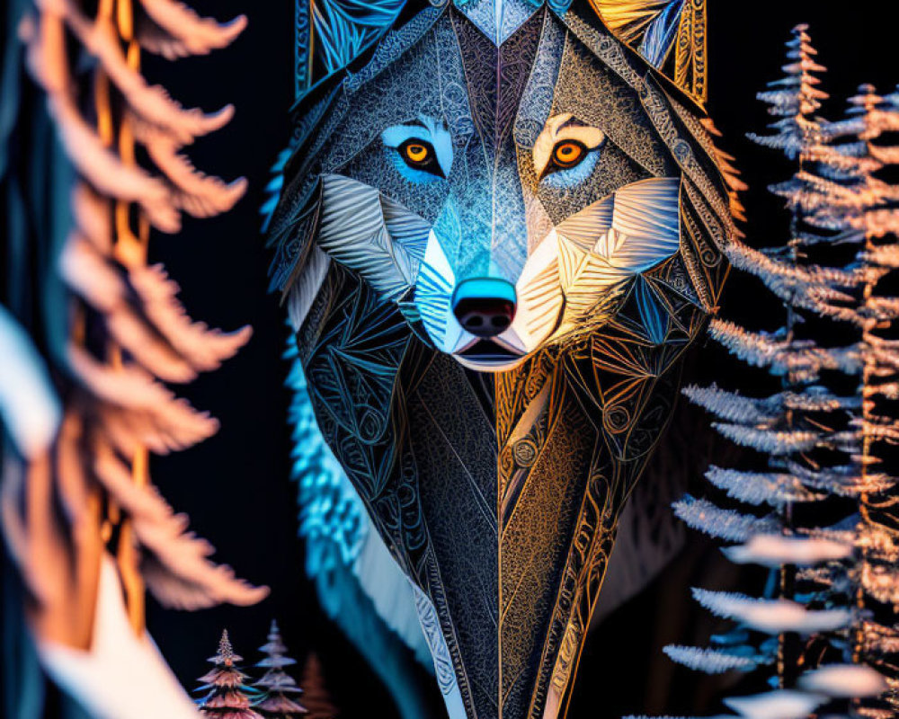 Geometric Wolf Art with Orange and Blue Tones