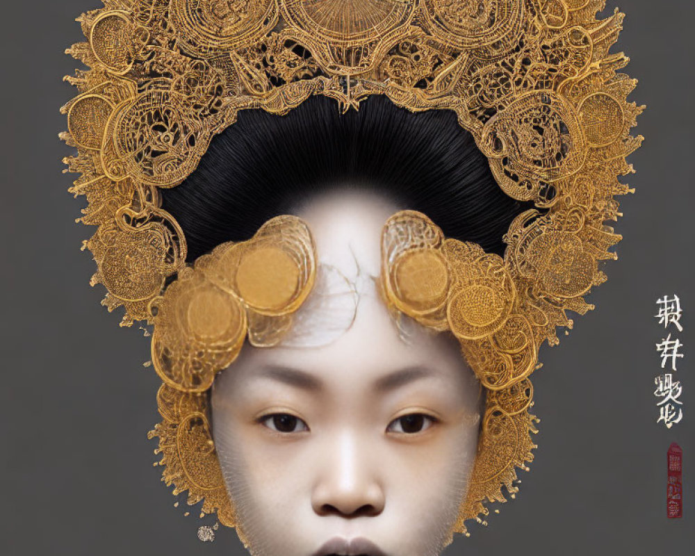 Elaborate Golden Headpiece on Individual with Traditional Hair and Asian Features