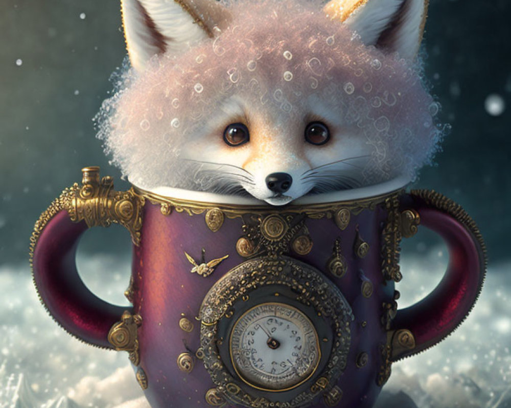 Illustration of small fox in purple cup with snowflakes