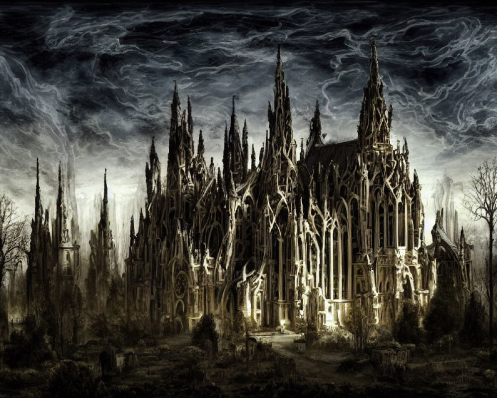 Gothic cathedral with spires in stormy sky and barren trees