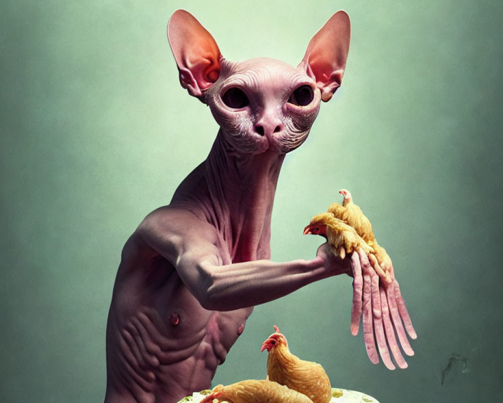 Bizarre fusion of hairless cat head on muscular human body with chickens