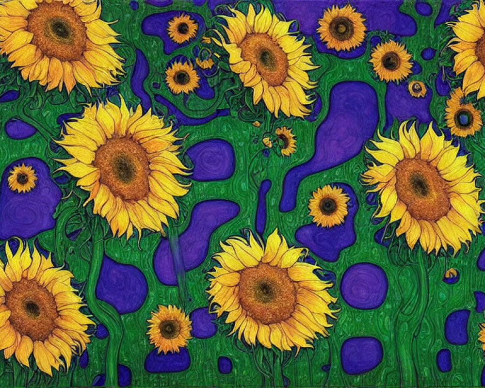 Colorful sunflower field painting on purple background with abstract patterns