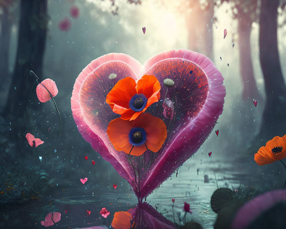 Heart-shaped red poppy arrangement in mystical forest with floating hearts and butterflies