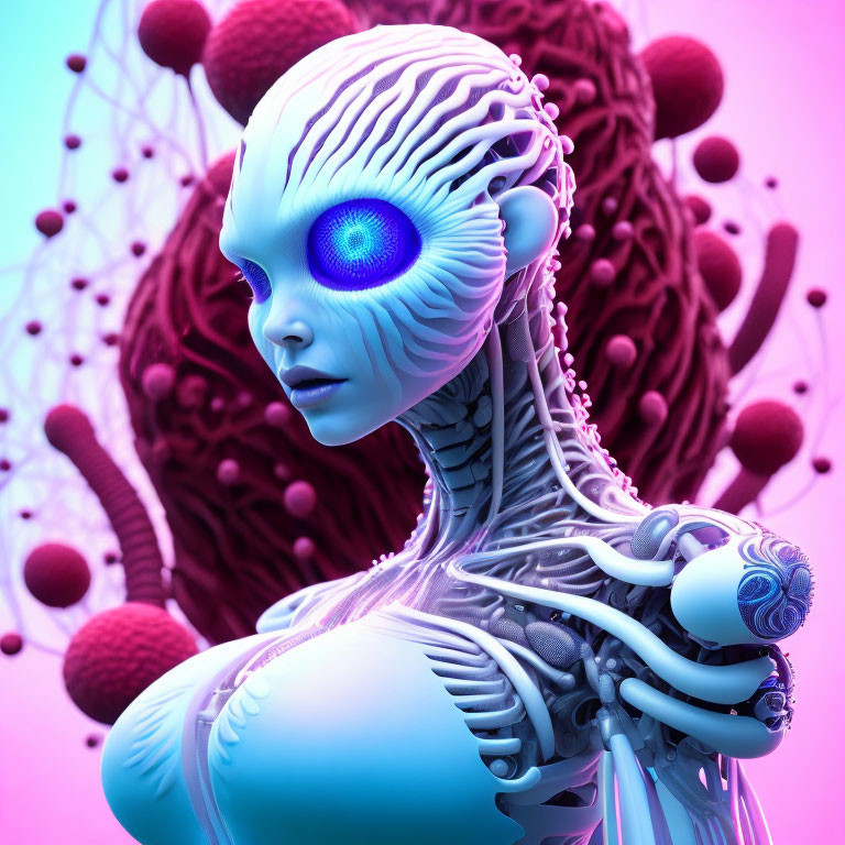 Futuristic female figure with biomechanical features on blue and pink backdrop