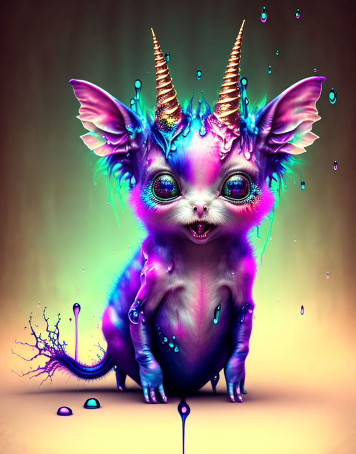 Colorful fantastical creature with large eyes, pointed ears, and dripping horns on warm backdrop