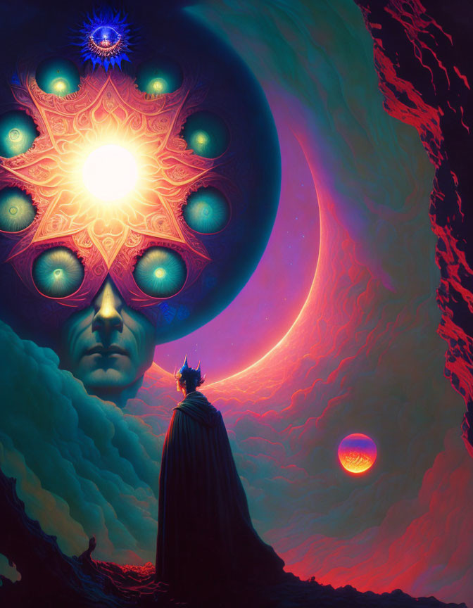 Surreal cosmic scene with cloaked figure and all-seeing eye