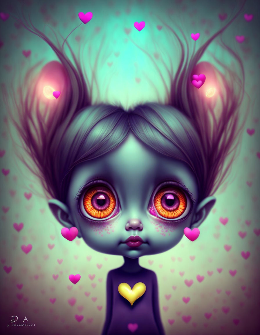 Character illustration with large orange eyes and heart-shaped pupils amidst pink hearts.