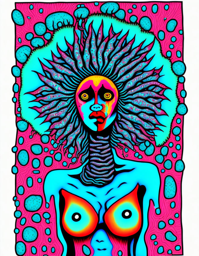 Colorful Psychedelic Humanoid Figure with Sunburst Head Illustration