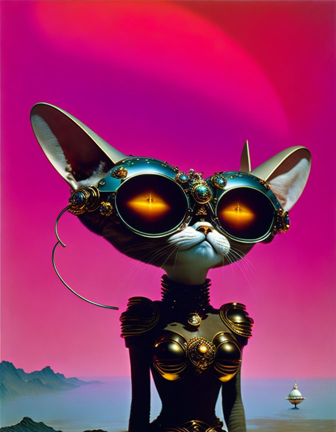 Stylized cat in bodysuit and goggles on surreal backdrop