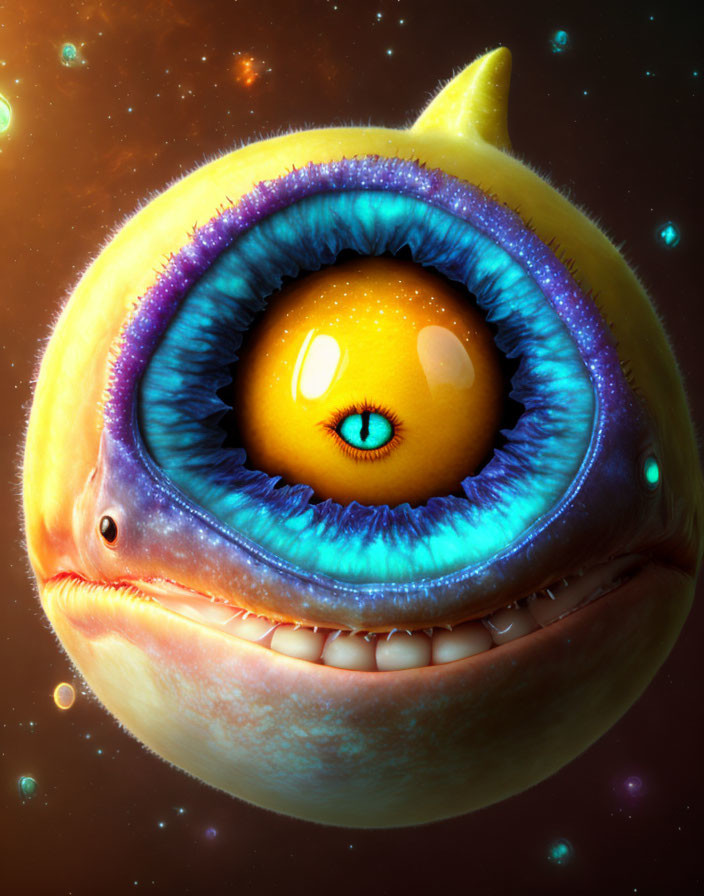 Whimsical creature with eye body, toothy smile, small fin, against starry backdrop