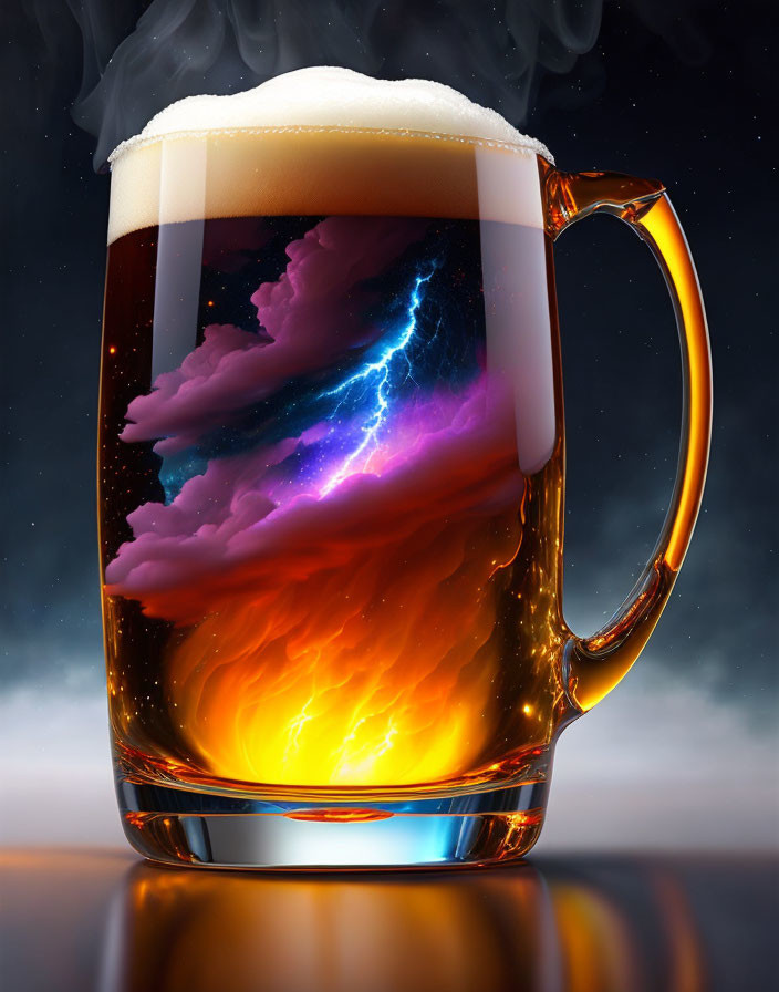 Digitally altered beer mug with cosmic scene of clouds and lightning.